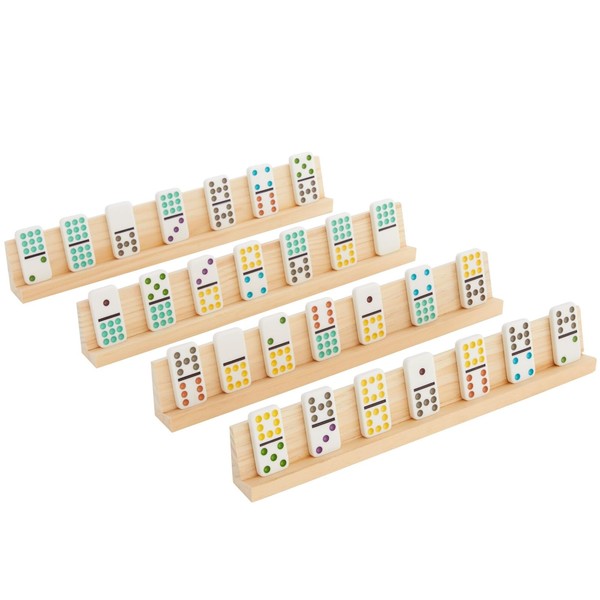 Juvale 4 Pack Wooden Domino Racks Trays, Dominoes Stand Holders for Mexican Train, Mahjong, Chicken Foot, Game Night