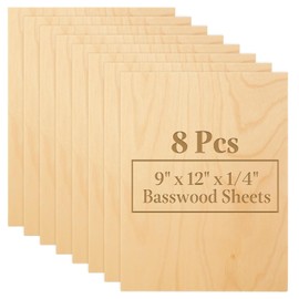 LOYORTY 8PCS 12 x 9 Inch Basswood Sheets for Crafts, 1/4 Inch(6mm) Thick Plywood Sheets, Unfinished Unfinished Wood Pieces for Laser Cutting, CNC Cutting and Wood Burning