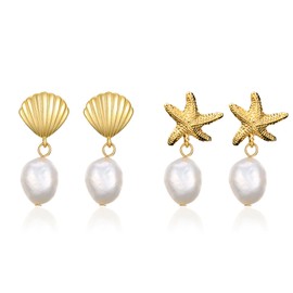 2Pairs Starfish Earrings Gold Shell Dangle Earrings Women Beach Fashion Summer Beach Vacation Essentials Outfits for Women Beachy Ocean Jewelry Gifts