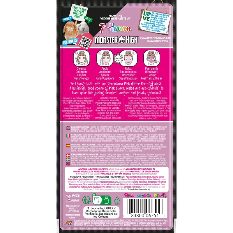7th Heaven Monster High Draculaura Pink Glitter Peel Off Face