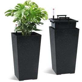 PeakPursuit 22" Tall Planters Set of 2, Outdoor＆Indoor Black Planter Pots, High Front Porch Planter Pots with Drainage Holes＆Water Level Monitor＆Inner Bucket, Automatic Watering, Black with White Dots