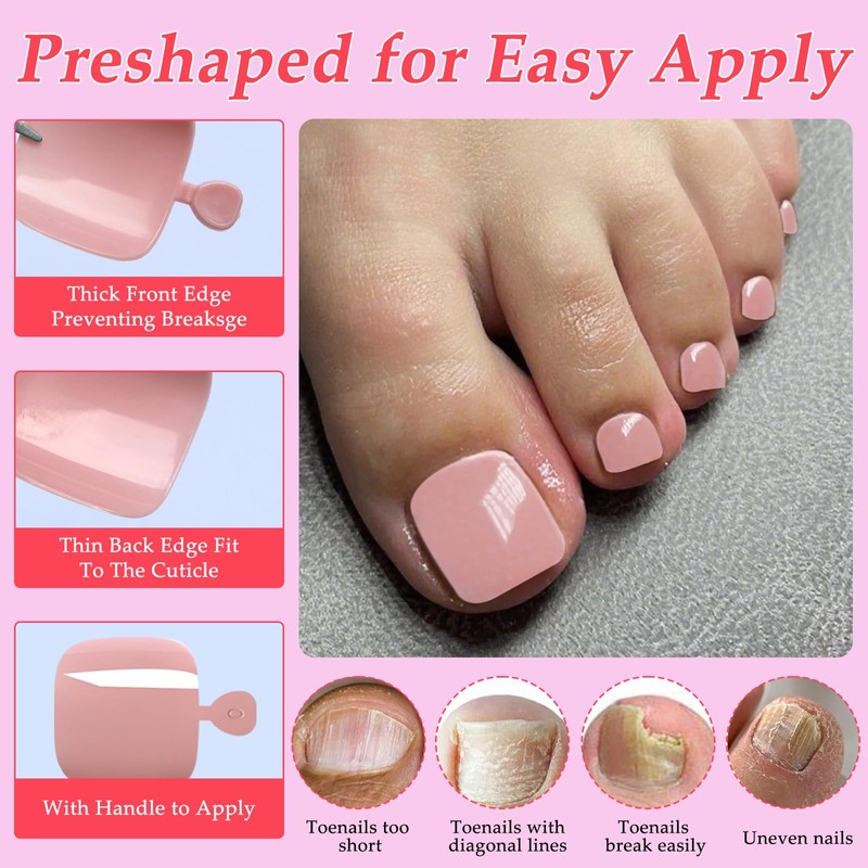 Lifextol 120PC Pink Press on Toenails for Women Fake Toe