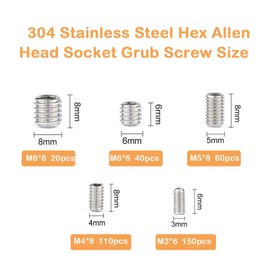Ymaiss 380pcs 304 Stainless Steel Hex Allen Head Socket Set Screws Grub Screw Bolts Assortment Kit Internal Hex Drive Cup-Point Set Screws 5 Sizes M3 M4 M5 M6 M8