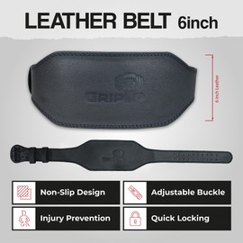 GripUp Weight Lifting Belt 4” 6” Leather Gym Belt Padded Lumbar Back Support for Powerlifting Deadlifts Squats Bodybuilding & Strength Training Fitness Adjustable Holes Men Women (Black 6'', S)