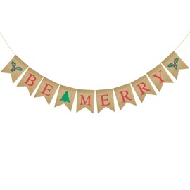 joycraft Christmas Burlap Banner, Be Merry Hanging Banner, Christmas Fireplace Banner, Vintage Christmas Banner, Christmas Wall Banner, Christmas Tree Garland for Xmas Party, Office, Home