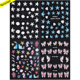 Fcozpjk Summer Ocean Nail Stickers, Starfish Seashell Sea Horse Coral Nail Decals, 4 Sheets 5D Embossed Vacation Nail Art Stickers, Self-Adhesive Pegatinas Uñas, Beach Stickers Holiday Manicure