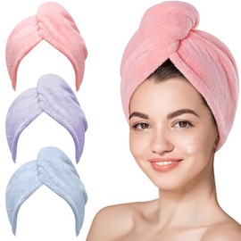 Hicober Microfiber Hair Towel, 3 Packs Hair Turbans for Wet Hair, Drying Hair Wrap Towels for Curly Hair Women Anti Frizz (Pink,Blue,Purple)