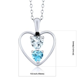 925 Sterling Silver Sky Blue Aquamarine Swiss Blue Topaz and Black Diamond Pendant Necklace For Women (0.75 Cttw, Gemstone March Birthstone, Heart 5MM and 4MM, with 18 Inch Silver Chain)