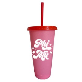 Sorority Shop Phi Mu Glitter Color Changing Cups - Pack of 4 Reusable Cups with Lids and Straws, Phi Mu Cup, Perfect Size 24 Oz Tumbler Cups, With Cool Retro Design Logo