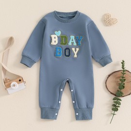 Zukmuk Toddler Baby Boy Girl Birthday Outfit Boy Girl Winter Jumpsuit 1st Birthday Outfit Letter Embroidery Pattern Crewneck Romper Baby Birthday Clothes (Blue Long, 6-12 Months)