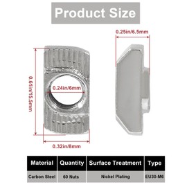 Bikasun Pack of 60 Hammer Head Nuts, M6 Thread 3030 Profile T-Slot Nuts, Carbon Steel, T-Slot Nuts, T Nut Nuts, Hammer Nut for Aluminium Profile Extrusion Slot, EU30-M6