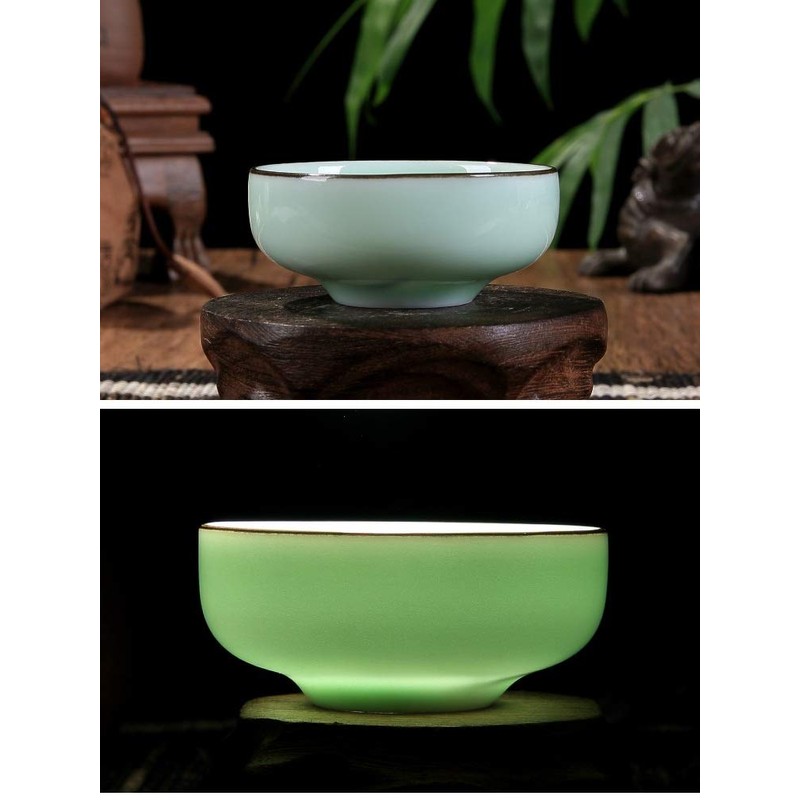 ZHAMS Hand Painted Kungfu Teacup,Chinese Long-Quan Celadon Teacup,Fishes and Lotus