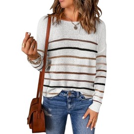 Acelitt Women's Ladies Casual Fashion Lightweight Fall Long Sleeve Crewneck Drop Shoulder Loose White2 Striped Knit Shirts Tops Sweaters Pullover Medium