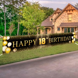 TZSS Black & Gold Happy 18th Birthday Banner Decorations - Extra Large 118"x20" Reusable Yard Sign for Boys, Girls & Men, Coming of Age Indoor Outdoor Party Decor