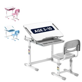 Mount-It! Kids Desk and Chair Set Height Adjustable up to 30" Ergonomic Kids Desk School, Kids Table and Chairs for Student 26" x 18" Tabletop with Pencil Drawer, 3-10 Age Children, Grey