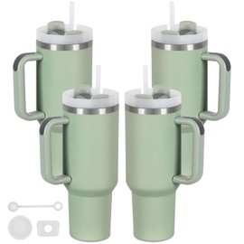 4 Pack 40 Oz Tumbler with Handle Bulk, Double Wall Vacuum Insulated Stainless Steel Tumbler with Lid and Straw, 40 oz cup with Silicone Spill Proof Stopper Set (Dark Green)