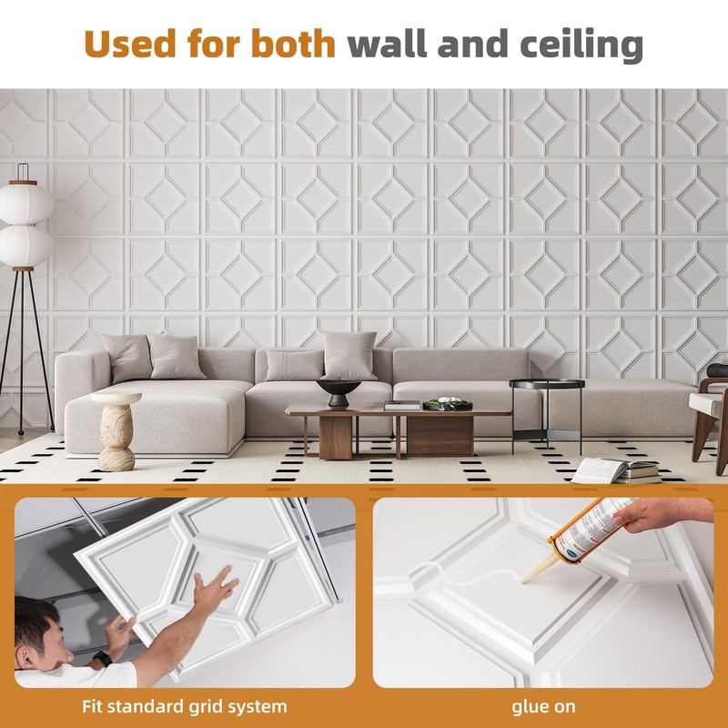 WOWSTAR 12-Pack 24"x24" Drop Ceiling Tiles, 3D Decorative Glue Up