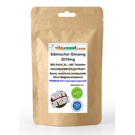 Siberian ginseng extract corresponds to 2010 mg powder per tablet, made in Germany, 365 tablets, without magnesium stearate, laboratory tested.