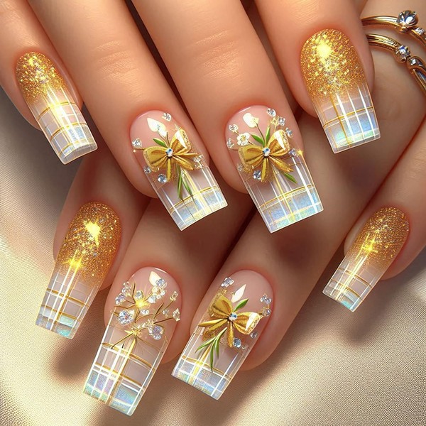 Checkered Press on Nails Medium Square Gold Bow with Rhinestones