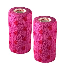 Vet Wrap Tape (Pink with Hearts) (2 Pack) (4 Inch x 15 feet) Self Adhesive Adherent Adhering Cohesive Flex Self Stick Bandage Grip Roll Dog Cat Pet Horse
