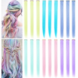 JCHDWSGUO Pack of 18 Coloured Hair Extensions, 21 Inches, Heat-Resistant, Synthetic, Straight Hair Extensions, Clip in Girls, Women, Holiday Party Hair Highlights (Multi