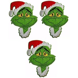 Grumpy Grinch Face Character w/Christmas Hat 6" Tall Iron on Set of 3 Patches