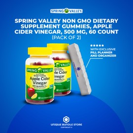 Spring Valley, Apple Cider Vinegar Gummies Non GMO Dietary Supplement, Apple Cider Vinegar 500mg Gummies, 60 Count + 7 Day Pill Organizer Included (Pack of 2)