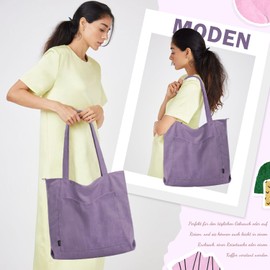 GASSDA Women's Corduroy Bag, Large Shopper Bag, Women's Handbag, Shoulder Bag, Tote Bag with Zip and Cosmetic Bags, A-light purple