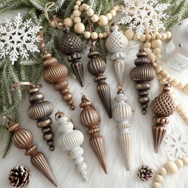 Yunlly 9 Pcs Neutral Christmas Ornaments Textured Christmas Tree Decor with Hanging Loop Matte Hanging Ornaments Shatterproof Home Decor for Xmas Vintage Rustic Farmhouse Decoration(Classic Color)