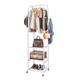 SUOERNUO Clothes Rack With Wheels and 3-Tier Metal Shelves,Clothing Rack For Hanging Clothes With 4 Hooks,Garment Rack Wardrobe Organizer for Small Space,Black (white, 16.54 * 18.23 * 72.05)