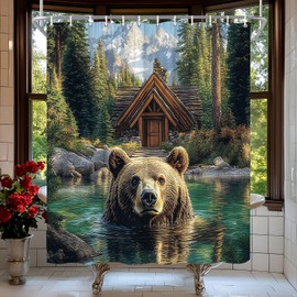 Bear Shower Curtain Funny Rustic Animal in Lake Forest Snowy Mountain Lodge Pine Tree Hunting Farmhouse Wildlife Nature Landscape Bath Curtain Fabric Bathroom Accessories Decor with Hooks 70W x70L