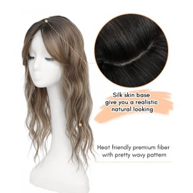 Hair Topper for Women 16 x 16 cm Large Base Topper Synthetic Wig Topper for Hair Losing / Thin Toppers 50.8 cm Long Wavy Hairpieces for Women (Highlights Brown with Dark Root)