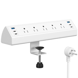 Desk Clamp Power Strip USB C,Under Desk Mount Power Station,20W Fast Charging,Fits 1.9'' Tabletop Edge,Desk Surge Protector,Perfect Home,Office Supplies (White, 5 Outlets & 6 USB Ports & 10 FT Cable)