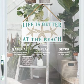 Beach Sign Decor for Front Door, Life Is Better at The Beach, Summer Decor for Home Porch Bathroom Toilet Beach Decoration Starfish Sign Beach House Plaque