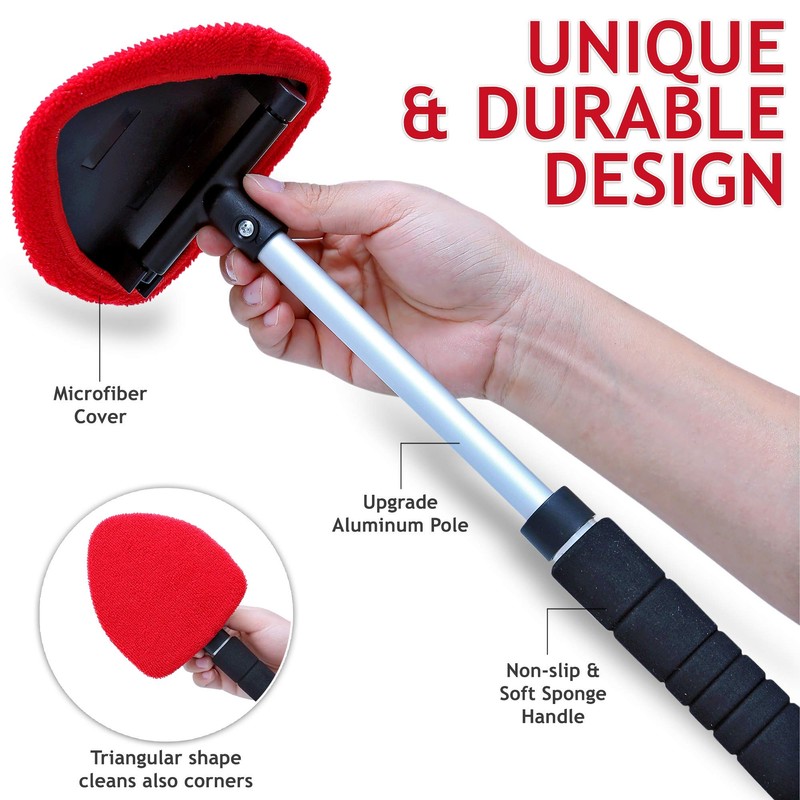 TAKAVU Windshield Window Cleaner Tool, Extendable Long-Reach Handle, Unique Pivoting