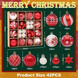 Robofun 42-Piece Christmas Baubles Set, Robust and Safe Christmas Tree Decoration Set, Christmas Tree Baubles Red White with Hanging, Reusable Plastic Small Balls, Christmas Tree Decoration for Indoor