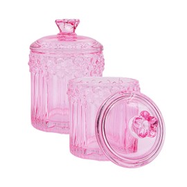 2 Pack Cute Qtip Holder Crystal Glass Bathroom Storage Jar for Cotton Ball- Apothecary Jars with Lids, Beauty Eggs Canisters Makeup Pads Dispenser Hair Tie Band Container Floss Organizers (Pink)