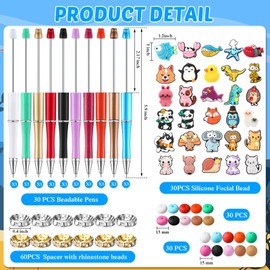 Sayglossy 30 Set Beadable Pens Kits Bead Pens with Animals Silicone Focal Beads DIY Pens Making Kit with Beadable Pen Bulk Silicone Beads and Spacer Beads for Christmas Gift School Office Supplies