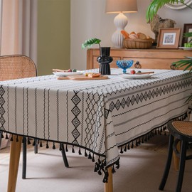 ArtBud Cotton Linen Table Cloths Boho Farmhouse Heavy Fabric Table Cover Burlap Striped Washable Table Top for Parties Coffee Kitchen Picnic White Black Tassels(Rectangle/Oblong, 55" x 86"(6-8 Seats)
