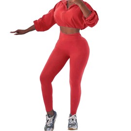 PUXOBYKU Women Casual Zip Up Workout Sweatshirt Long Sleeve Drawstring Hem Cropped Running Athletic Outfits Sport Jackets Set(Peach Red XL)
