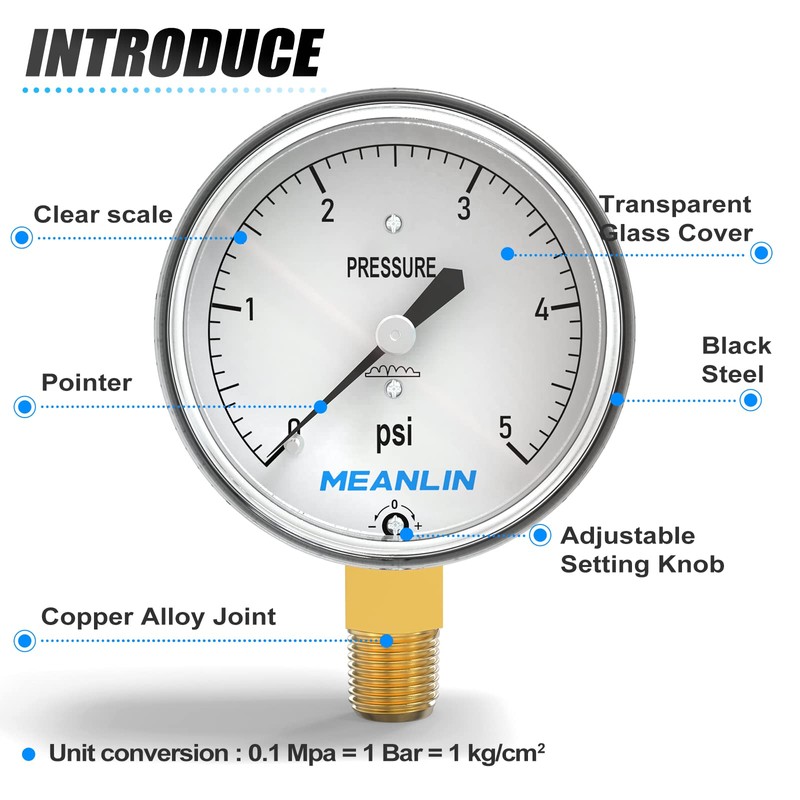 MEANLIN MEASURE 0-5psi Diaphragm Type Capsule Low Pressure Gauge 1/4"