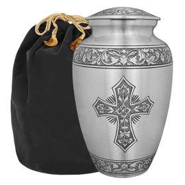 Trupoint Memorials Cremation Urns for Human Ashes, Religious Decorative Burial Urn for Adult Men and Women, Large Silver Cross