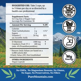 Pure Mountain Botanicals Cranberry D Mannose Capsules - 60 Kosher Vegan Caps - 1000mg D Mannose with Cranberry Concentrate Plus Vitamin C