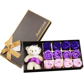 OFKP 12 Rose Soap Flower, Floral Scented Bath Soap, In Gift Box And Bear, For Birthday/Wedding/Valentine's Day(Purple Gradient)
