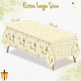 BeYumi 3-Pack Gold Baby Baptism Party Tablecloths - Durable Waterproof PE Plastic Table Covers with Cross and Flower Theme for First Communion, Baptism, and Religious Celebrations (137x274cm, 54x108 I
