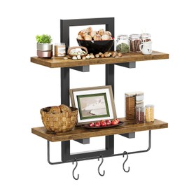 Creso hom Floating Shelves with Hooks, Wood Wall Shelves for Living Room, 2 Tier Hanging Decorative Wall Shelves Set of 2, Wall Mounted Shelves for Kitchen, Bathroom, Office, Bedroom, Rustic Brown