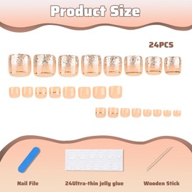 Mezrkuwr 24 Pieces Push On Toenails False Nails French Gel Nail Tips Gold Glitter Design Full Face Acrylic Press On Toenails