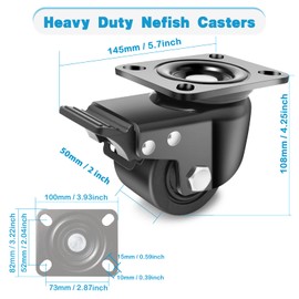 Nefish 3-Inch Heavy Duty Casters Set of 4, Industrial Grade Casters Wheels 4400 LBS, Low Gravity Plate Swivel Caster with Brake, Durable & Corrosion-Resistant Nylon Wheels for Industrial, Machine