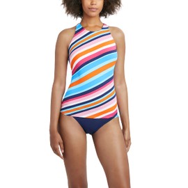 Nautica Women's Standard Tankini Swimsuit TOP ONLY– High Neck, Quick-Dry, UPF+, Beach, Pool, Resort Wear, Pink MUL, Medium
