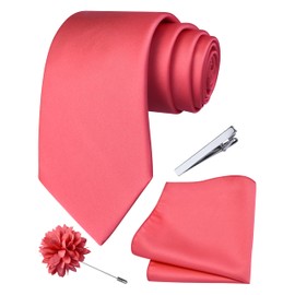 Branduce Coral Tie for Men Wedding Solid Satin Silk Blend Necktie Pocket Square Tie Clip and Lapel Pin Brooch Set (TA14-35)
